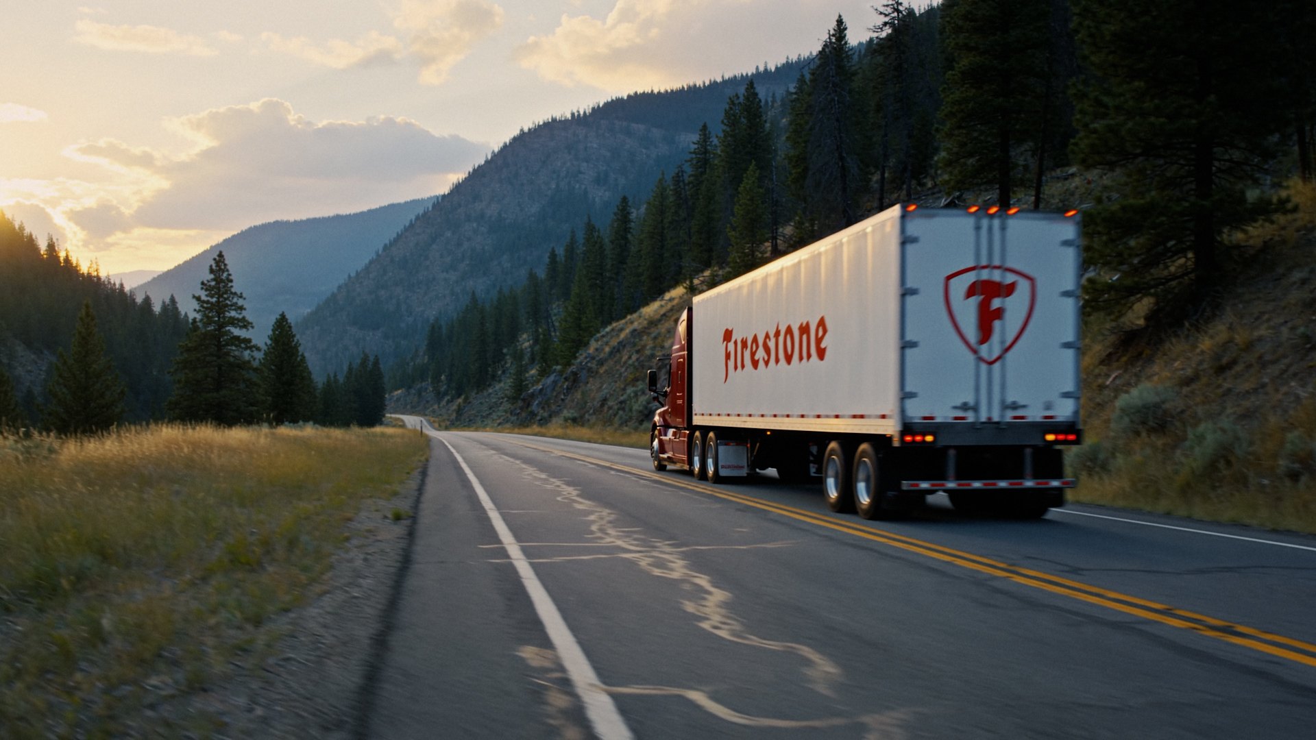 Red Firestone tractor-trailer on a mountain highway