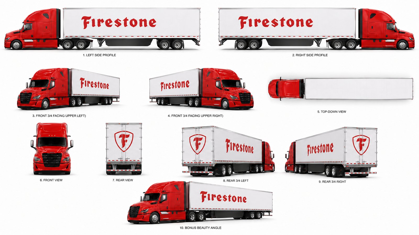 Ten-view model sheet of the Firestone truck