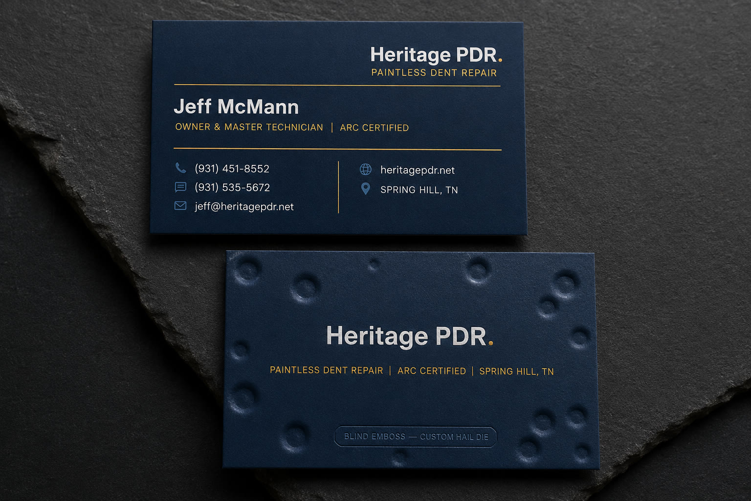 Heritage PDR business card, blind-emboss hail die