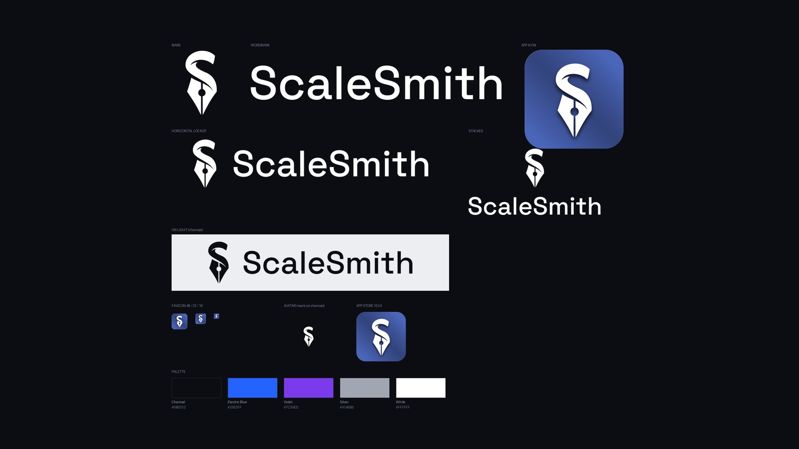 The full ScaleSmith identity system — mark, wordmark, lockups, app icon, and palette