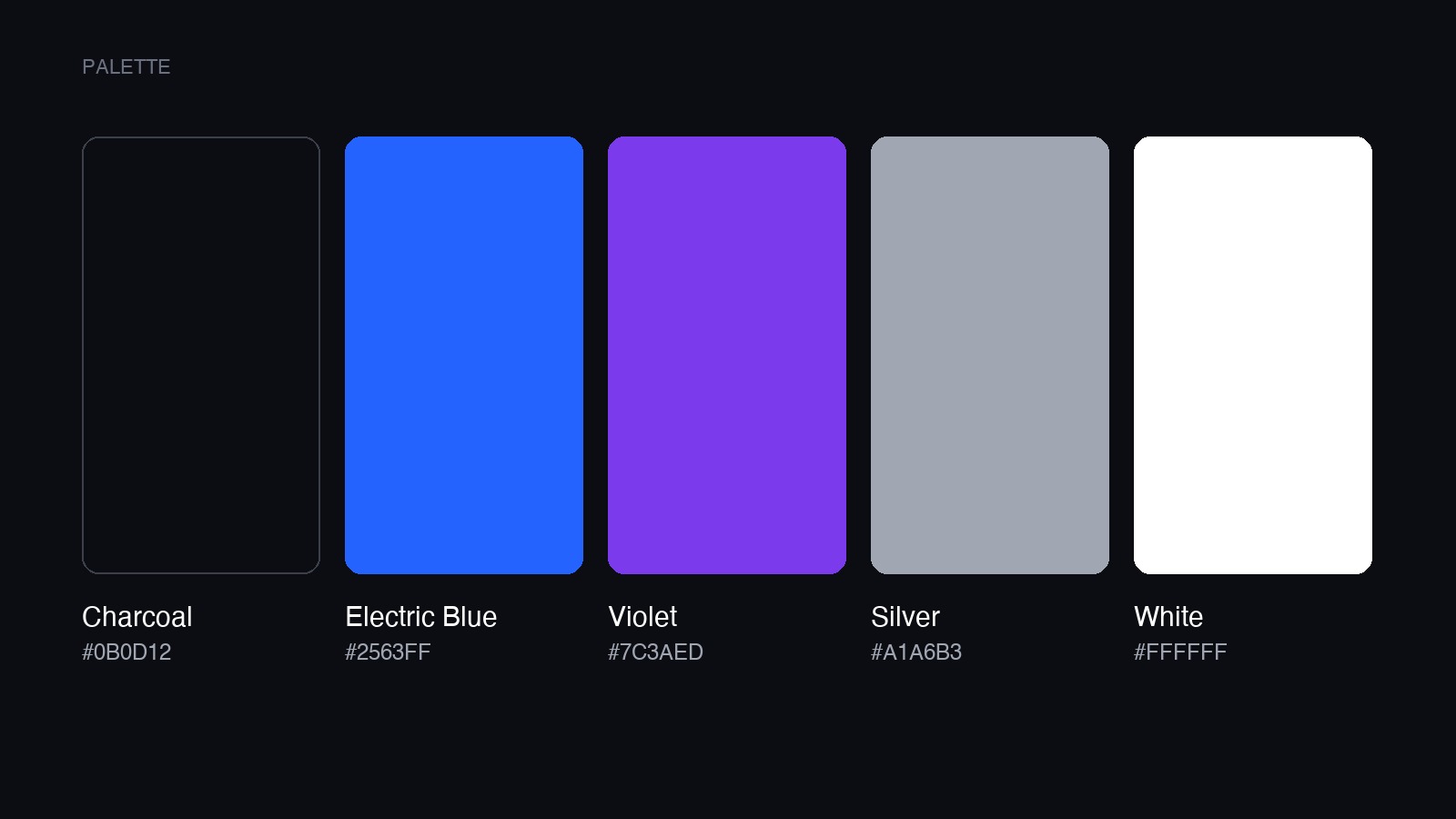 The ScaleSmith palette — charcoal, electric blue, violet, silver, and white