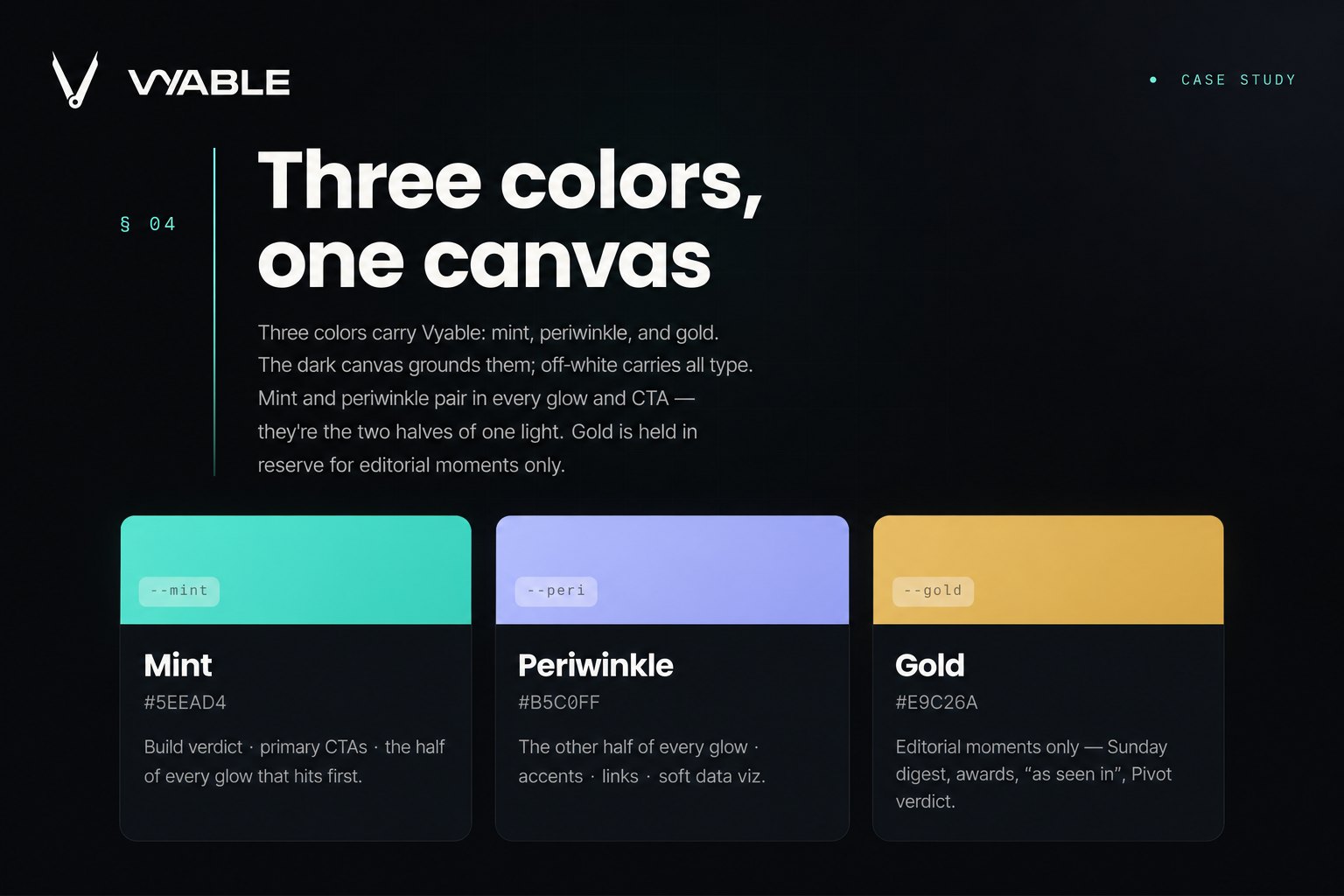 Vyable color system — mint, periwinkle, gold