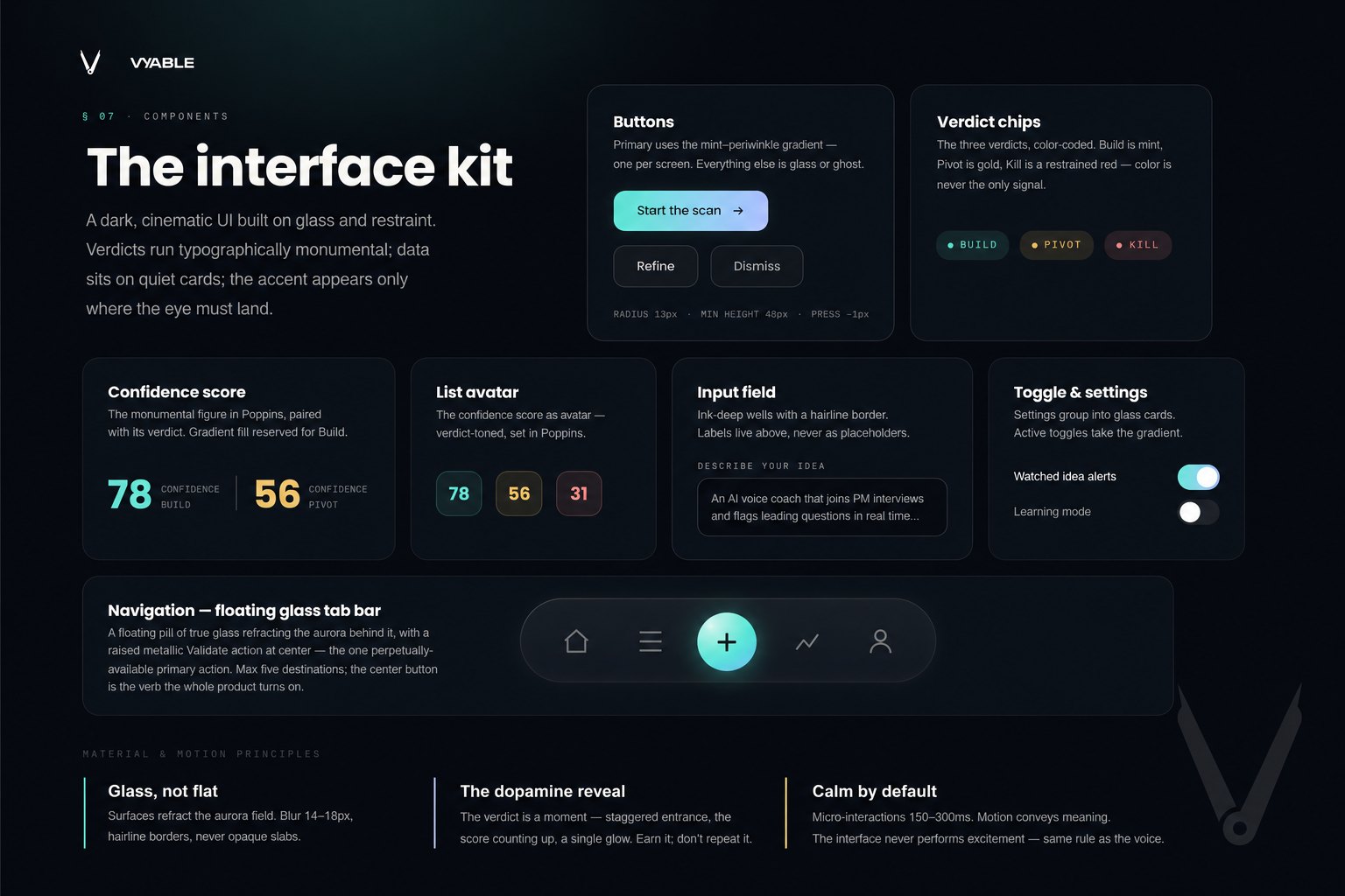 Vyable dark product interface kit